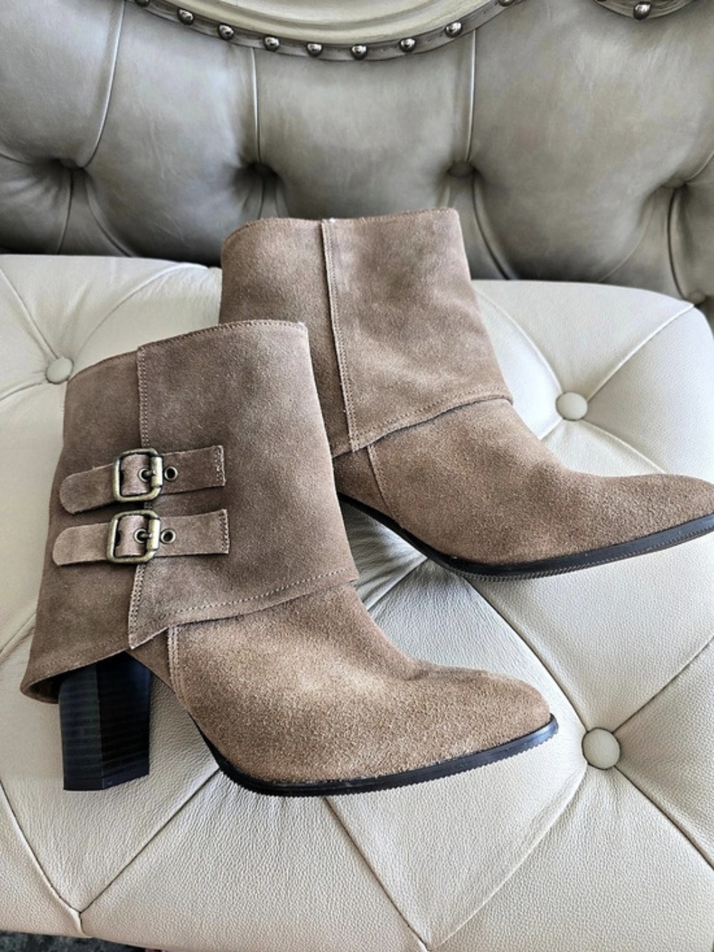 CRUZA PORTUGAL 100% Geniune Suede Buckle Heeled Boots in Brown Taupe 9.5